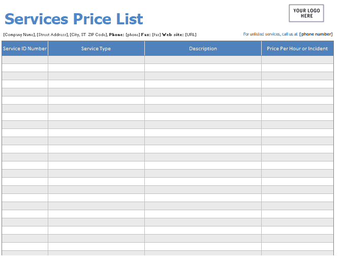 Services Price List Template from www.wordtemplatesdocs.org