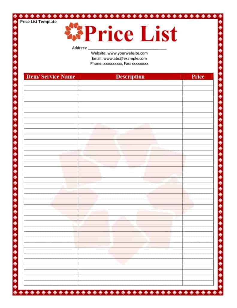 Editable Price List Template Word Free